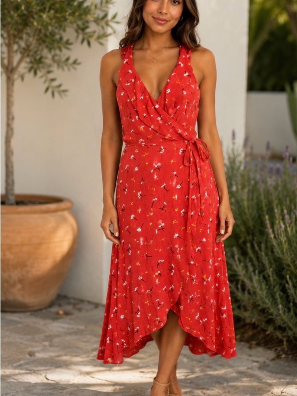 Lumière Floral Wrap Midi Dress Red Orange Halter Open Back Large